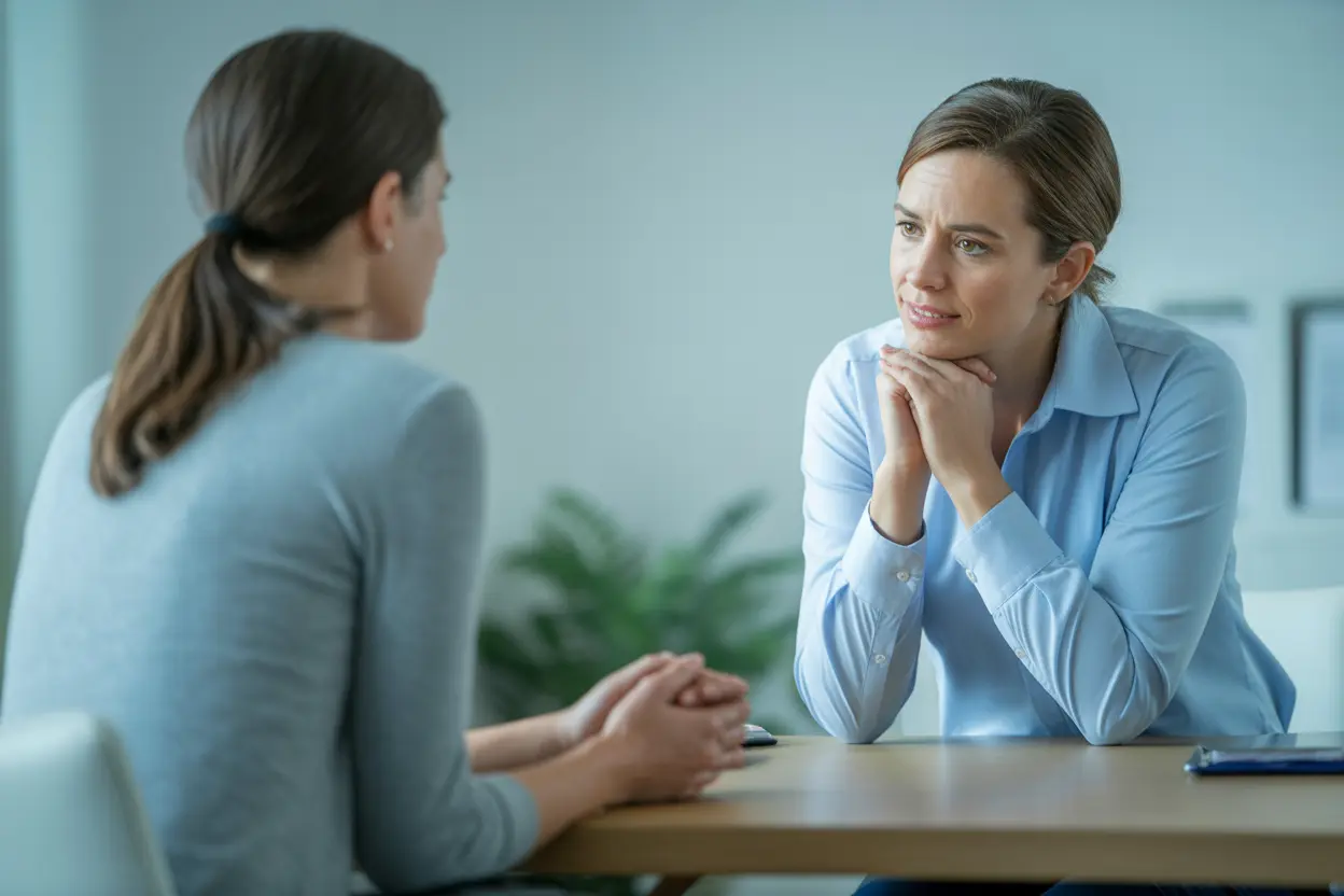 A supportive conversation between a healthcare professional and a patient in a calm office setting.