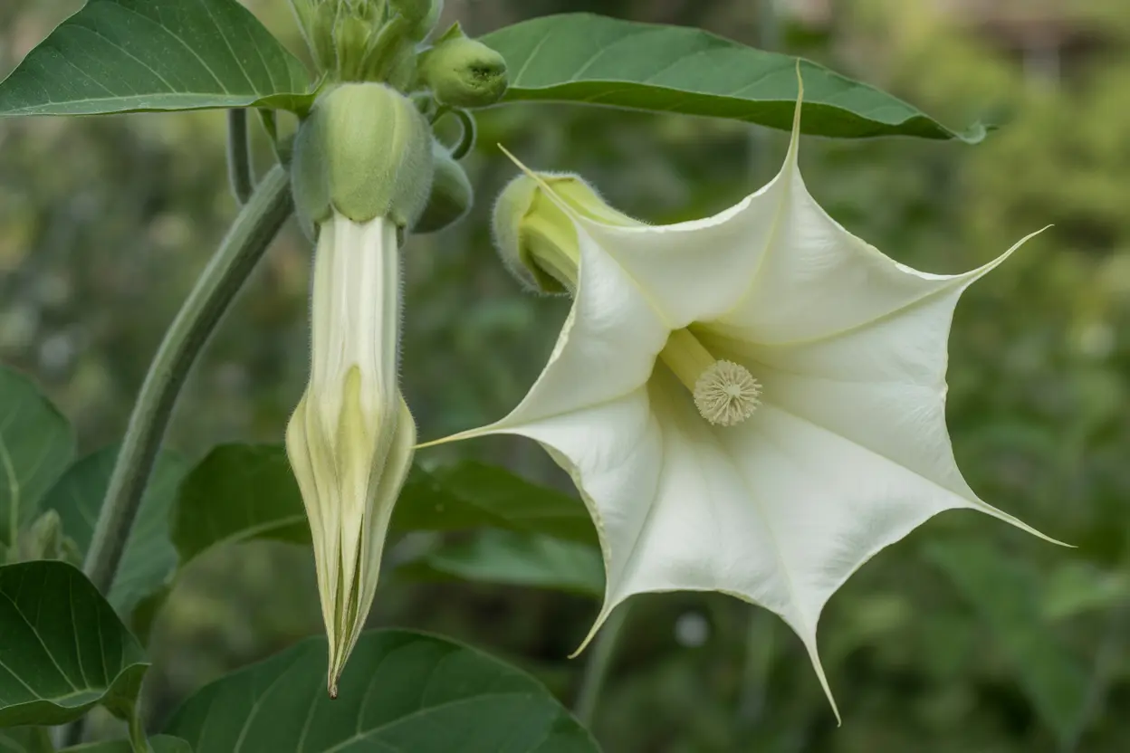 A Datura stramonium plant with a white, trumpet-shaped flower and a spiky seed pod in a garden.