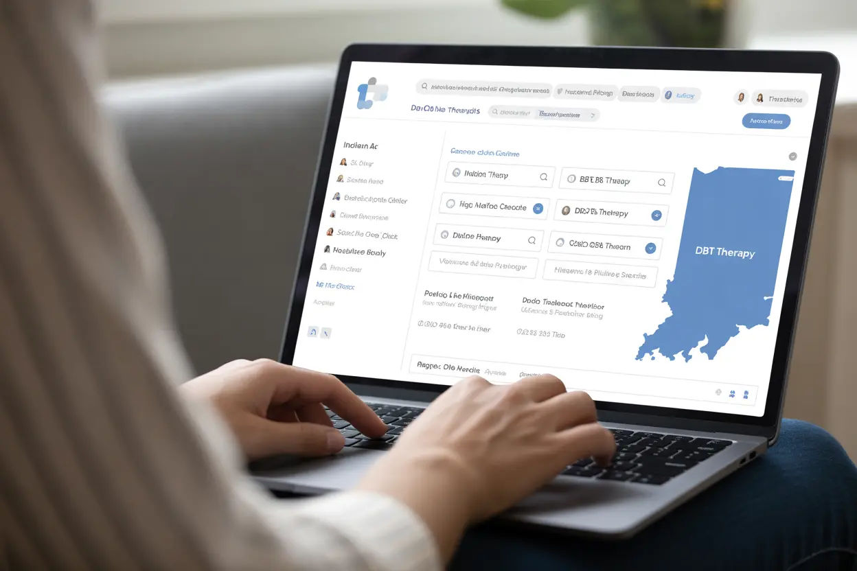 A person using a laptop to search for a DBT therapist in Indiana on an online directory.