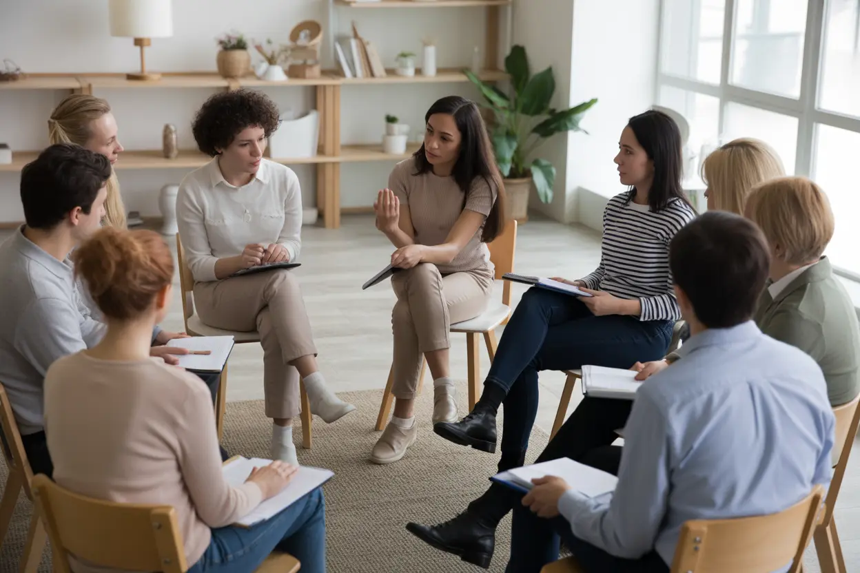 A supportive group therapy session where people are learning new skills together.