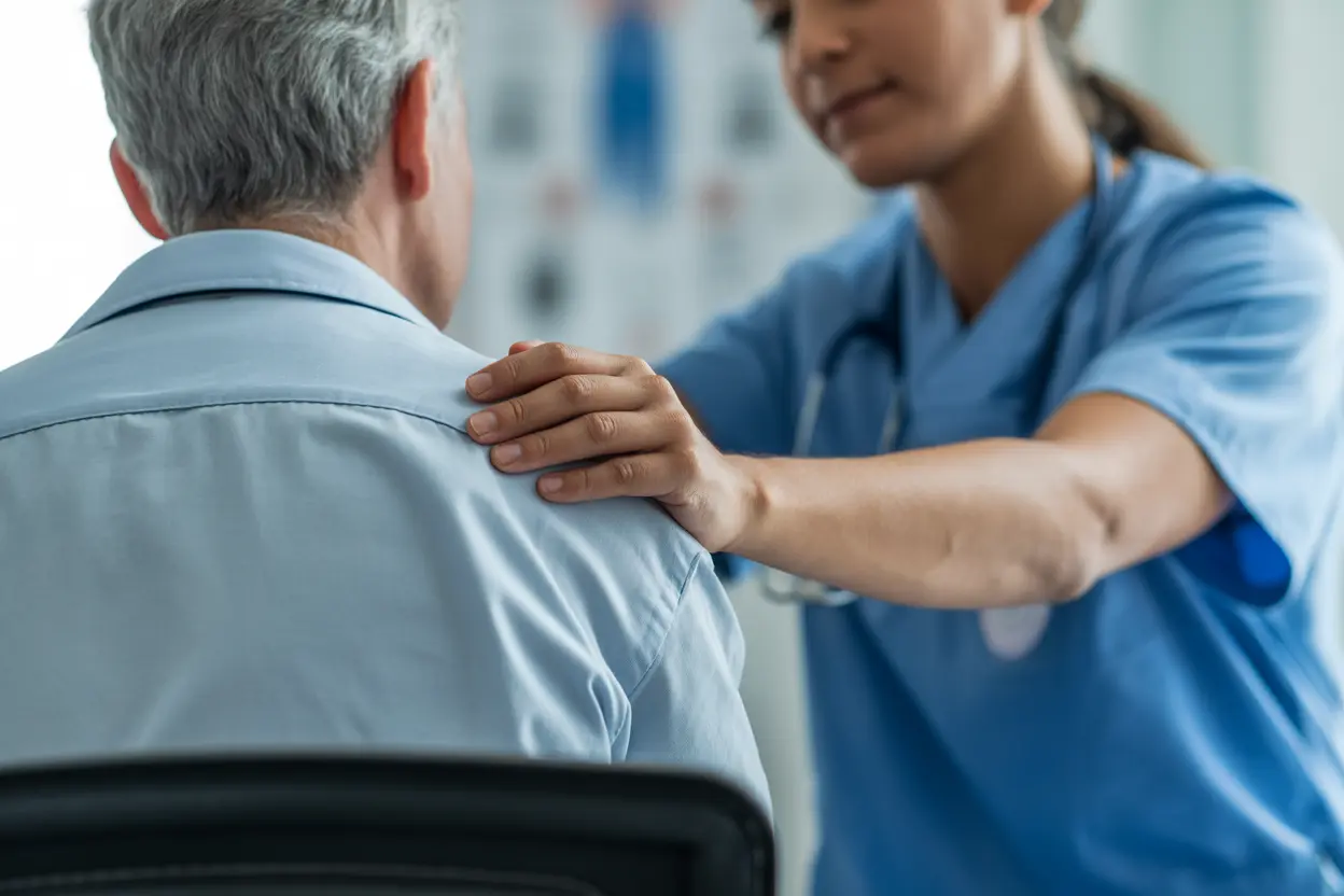 A healthcare professional offers support to a patient in a calm, clinical setting.