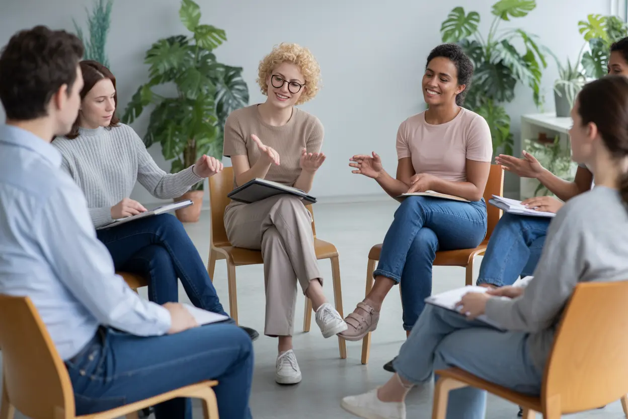 A supportive group therapy session in a bright, welcoming room.