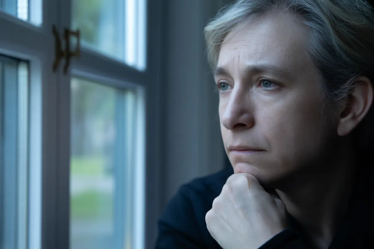 A middle-aged person looking thoughtfully out a window, reflecting.