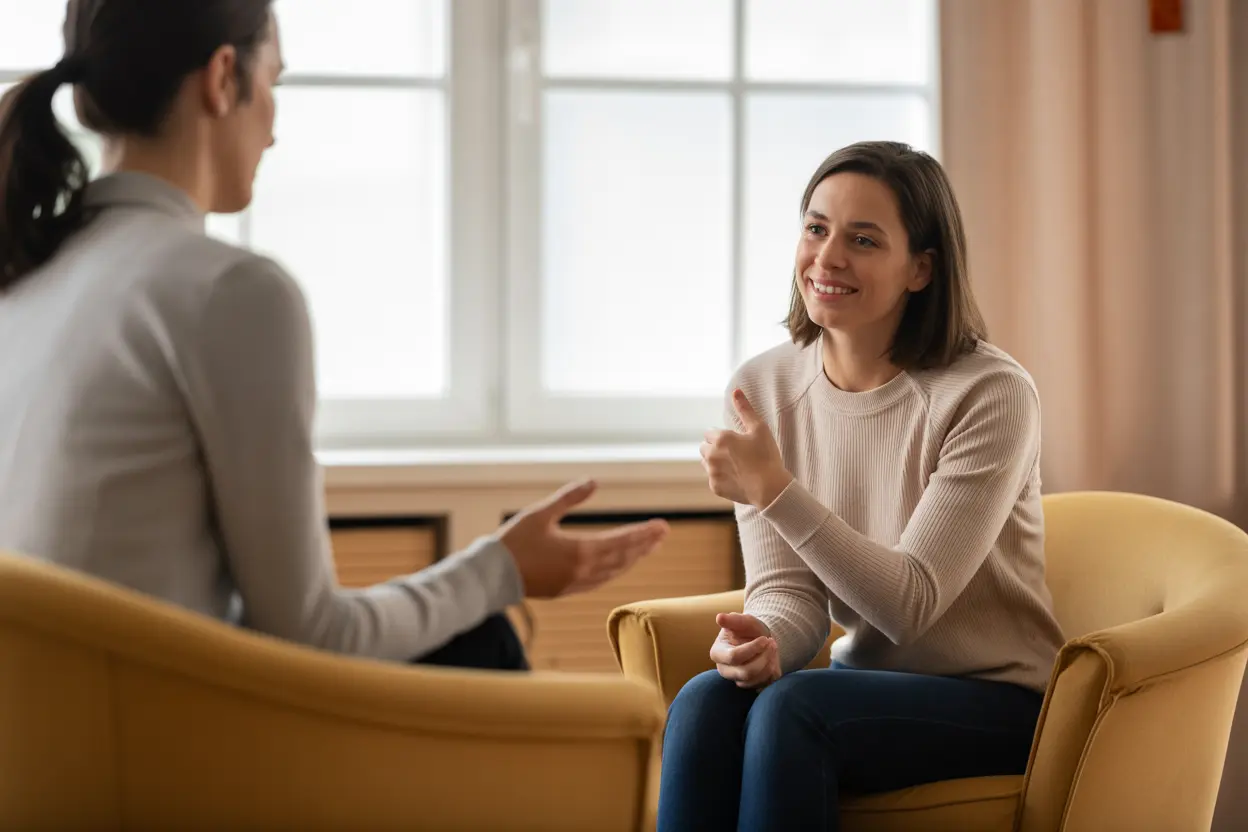A therapist and client in a calm, professional session, showing a supportive environment.