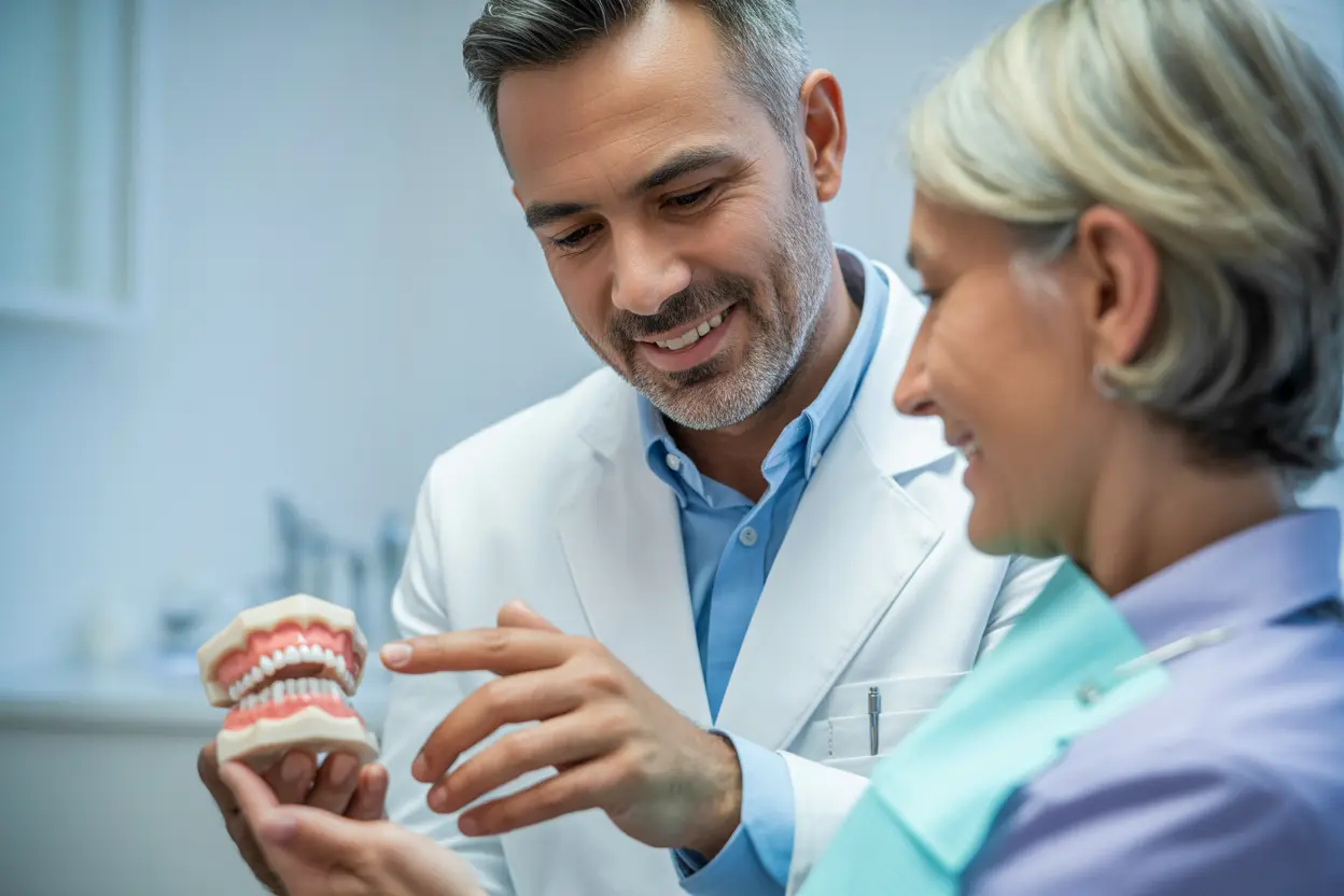 A dentist compassionately explains a dental model to a patient in a clean, modern exam room.