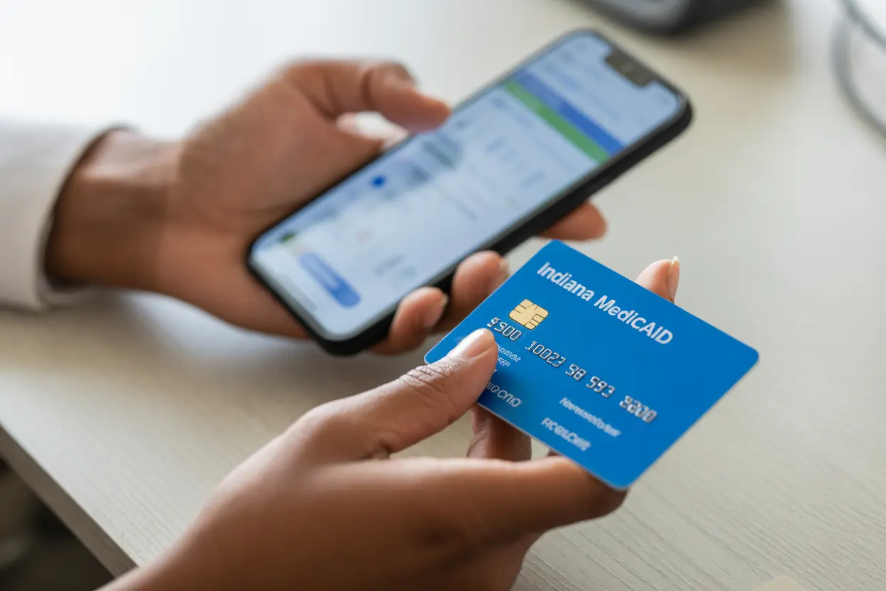 A person holding an Indiana Medicaid card and a smartphone, looking up insurance information online.