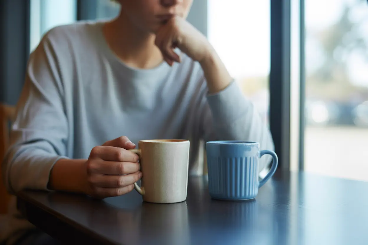 A person contemplates two coffee mugs at a cafe table, symbolizing the process of making independent decisions.