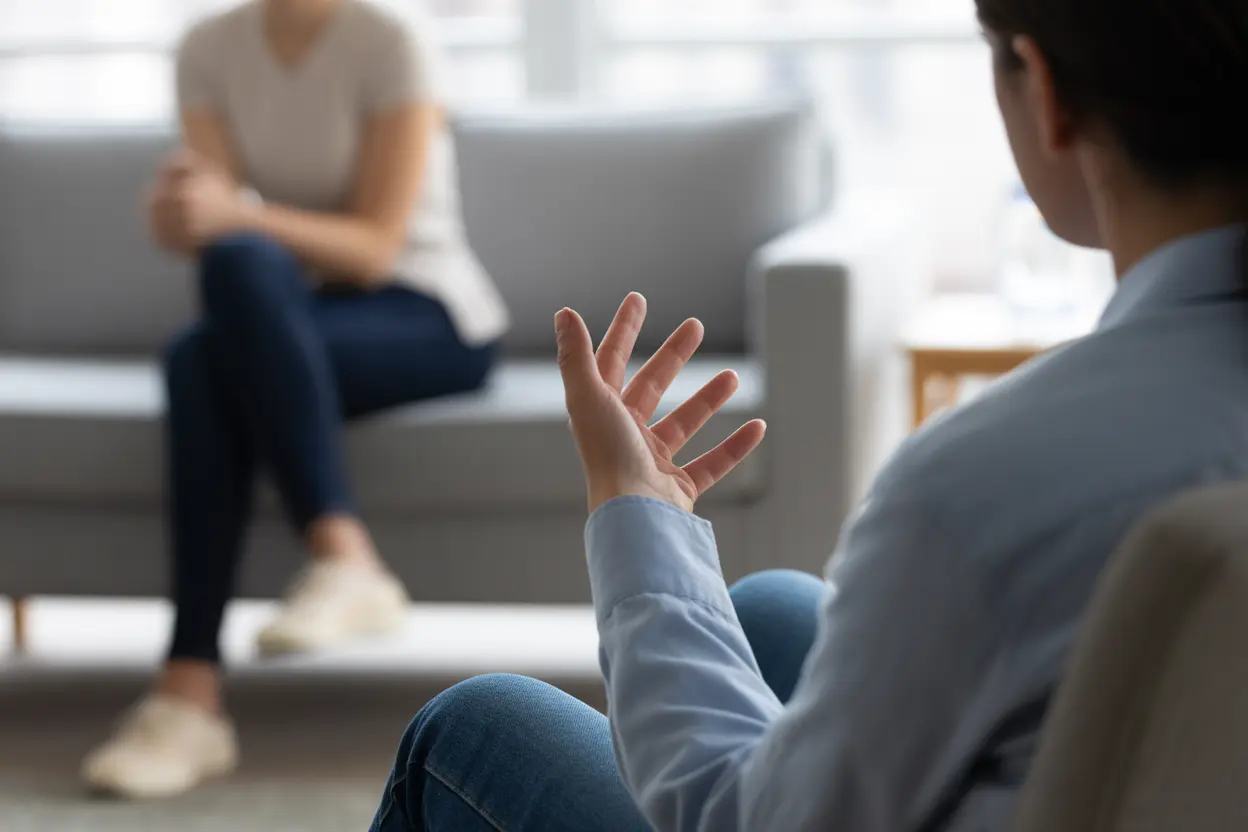 A hopeful and confidential therapy session, with the focus on a person speaking comfortably on a couch.