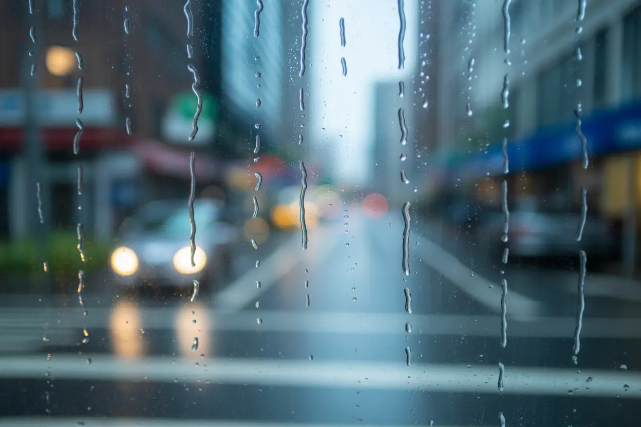 A view through a window with raindrops, representing the feeling of detachment from the outside world.
