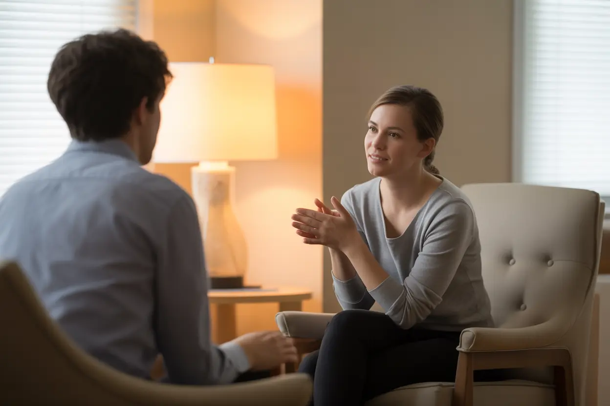 A safe and professional therapy office where two people are engaged in a supportive conversation.