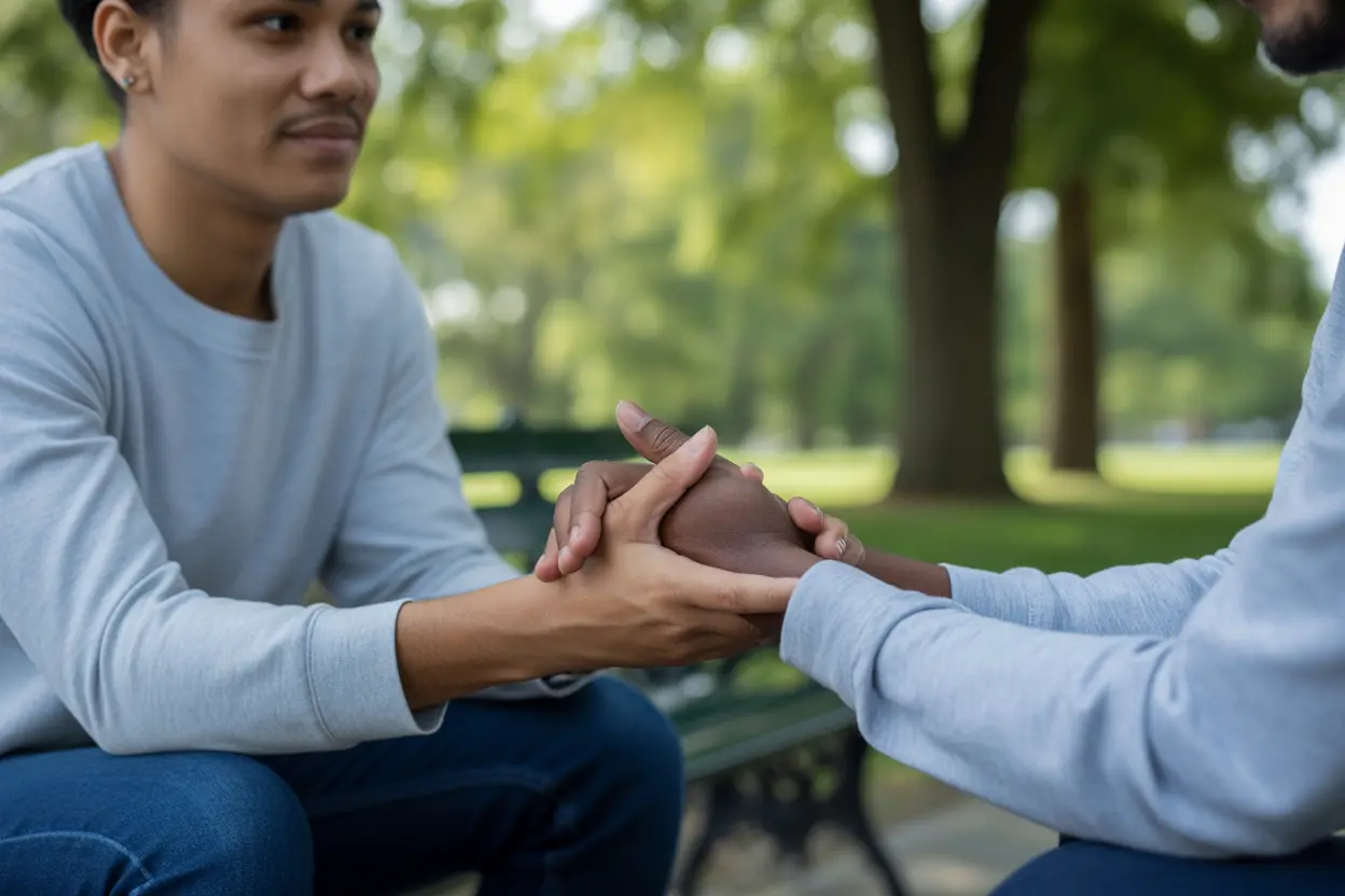 Two friends sit on a park bench in Indiana, one offering support to the other.