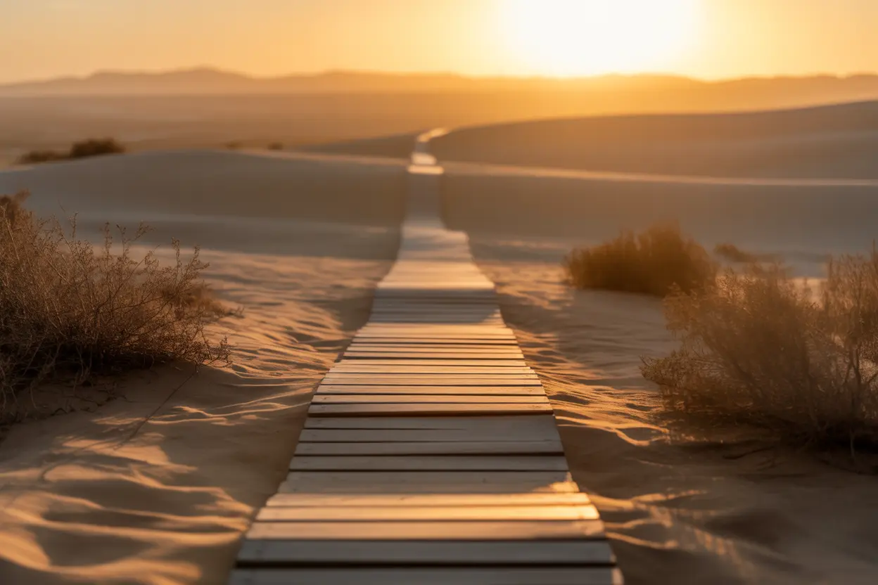 A well-defined footpath leading towards a beautiful desert horizon at sunrise, symbolizing the hopeful journey of recovery.