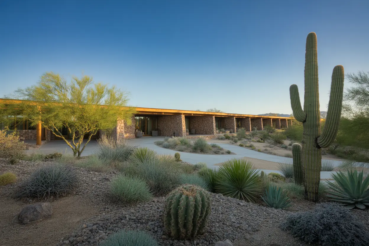 A modern rehabilitation facility nestled in a serene desert landscape with native plants under a clear blue sky, conveying a sense of calm and sanctuary.
