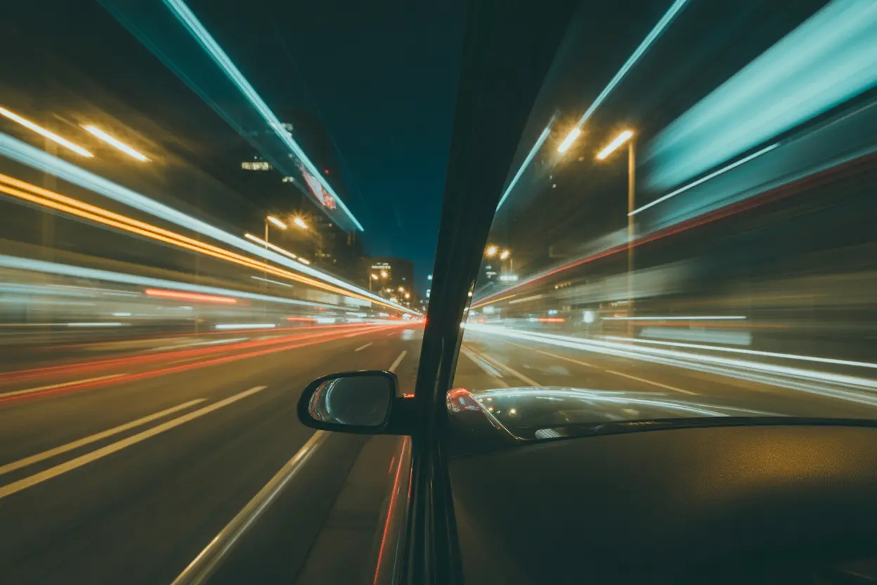 A disorienting view of city street lights at night, representing the perceptual distortions from DXM misuse.