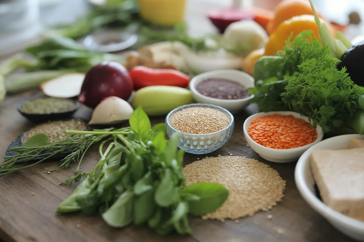 A colorful array of fresh vegetables, gluten-free grains, and plant-based proteins on a wooden counter, representing diverse dietary options in rehab.