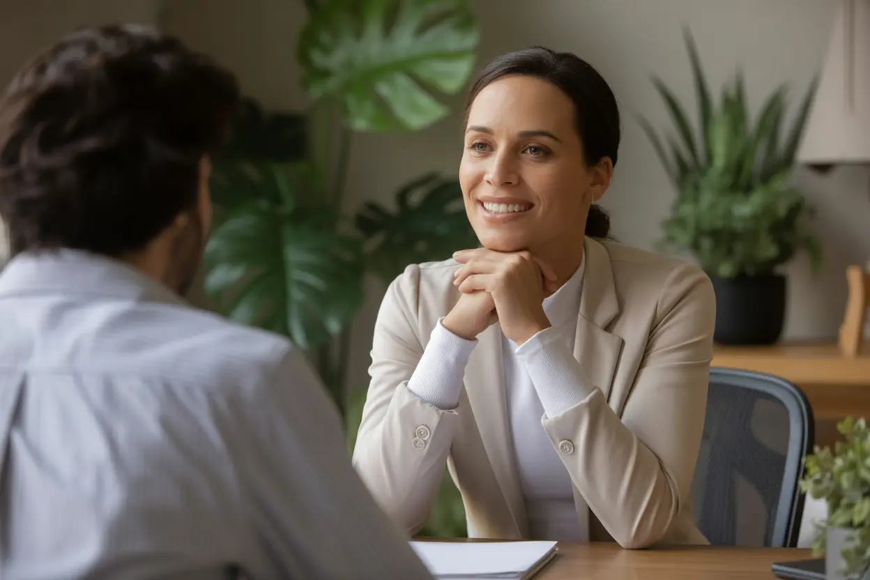 A compassionate admissions counselor listens attentively to a potential client, conveying a sense of trust and support.