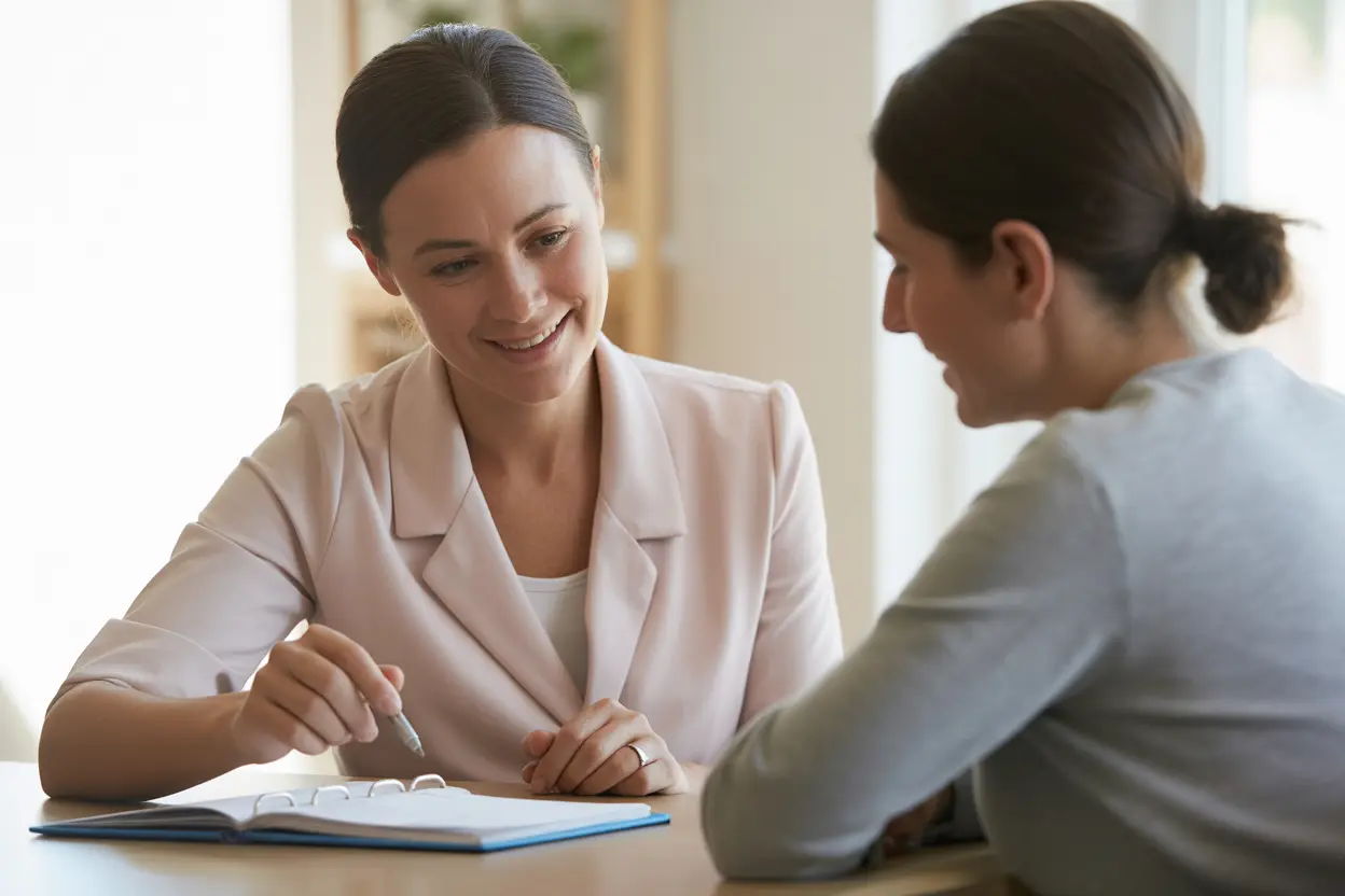 A case manager and patient collaboratively review a discharge plan in a bright, supportive office setting.