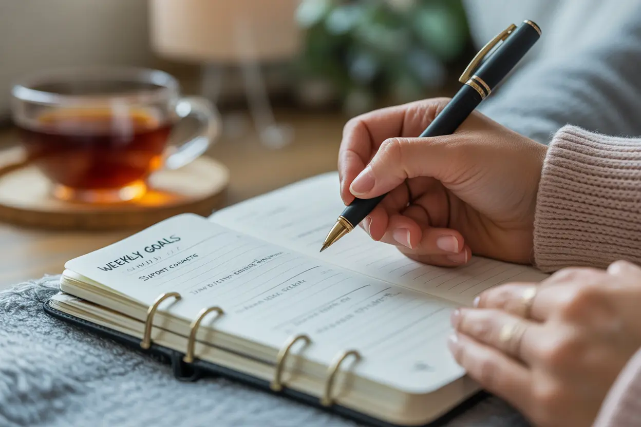 A person writing in a planner with headings like 'Weekly Goals' and 'Support Contacts', symbolizing proactive recovery planning.