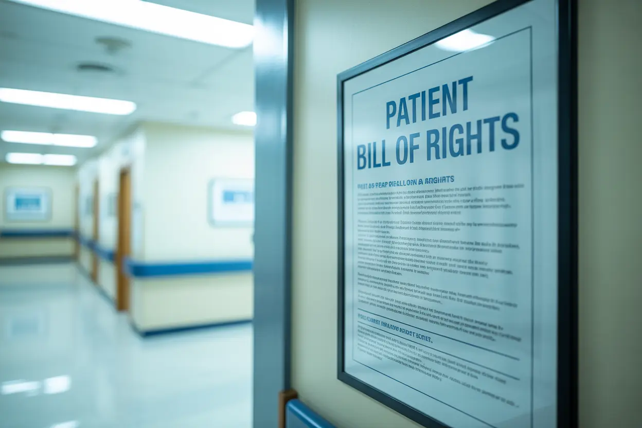 A framed 'Patient Bill of Rights' poster is in clear focus on a wall in a modern healthcare facility.