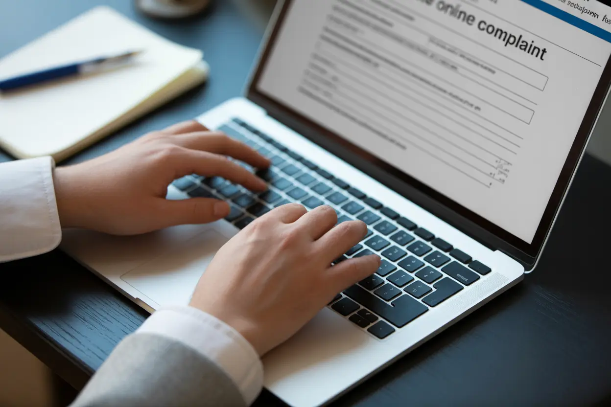 A person's hands typing on a laptop, filling out an online complaint form, with a notepad and pen nearby.