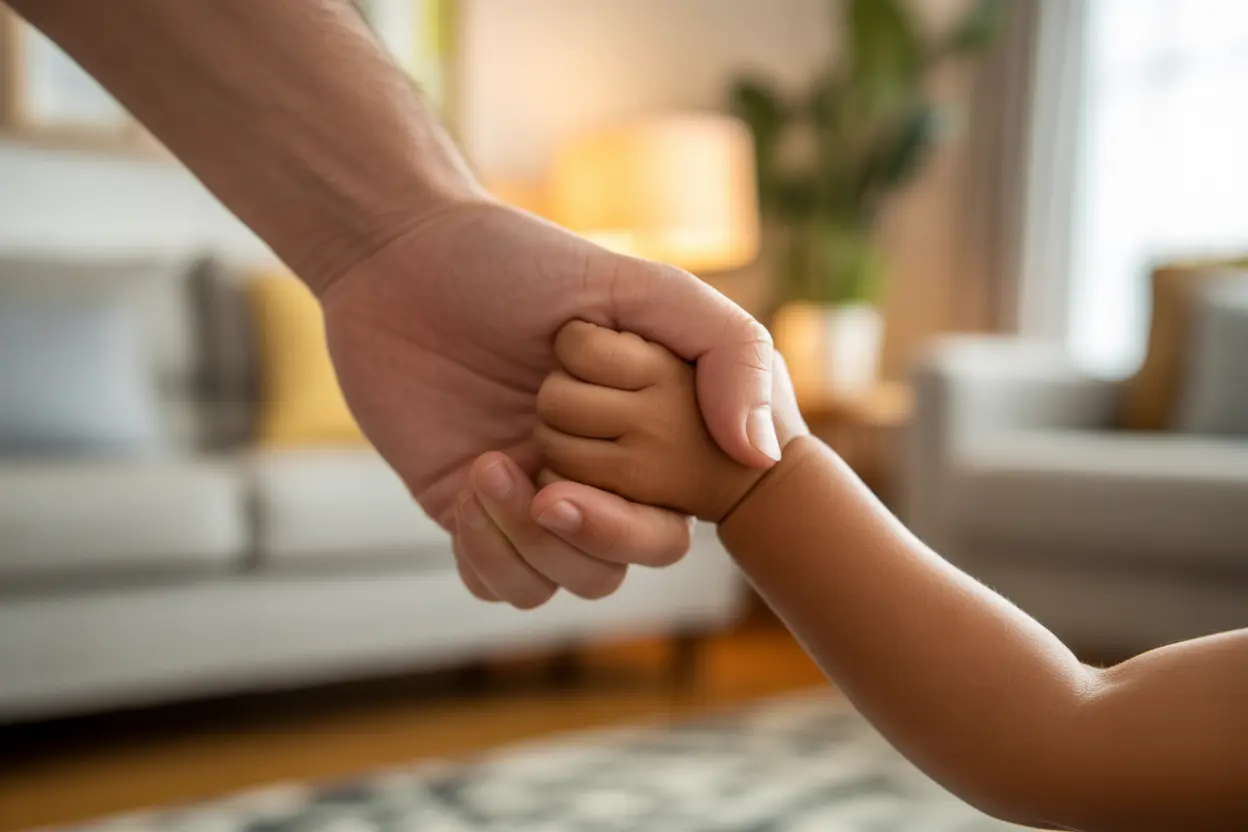 A young child's hand holding an adult's finger, symbolizing trust and safety.