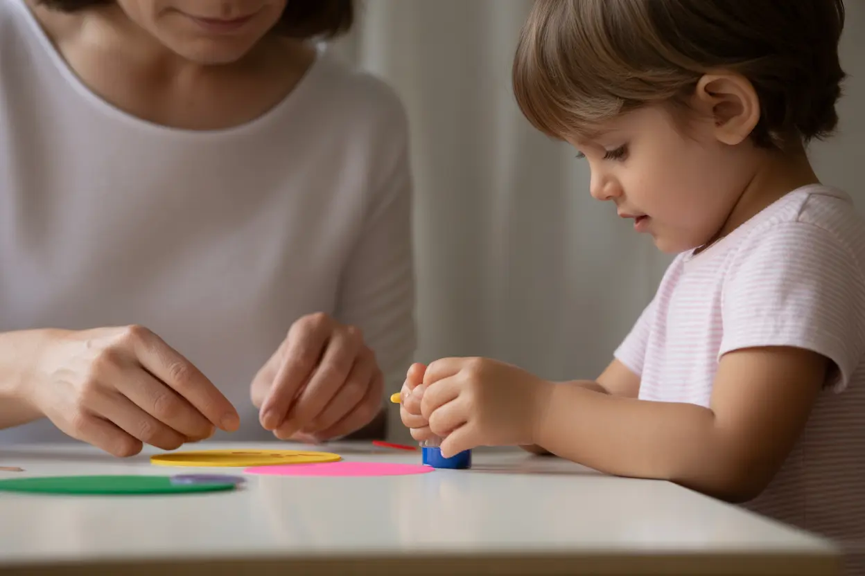 A parent and child working together on a craft project, illustrating positive interaction and connection.