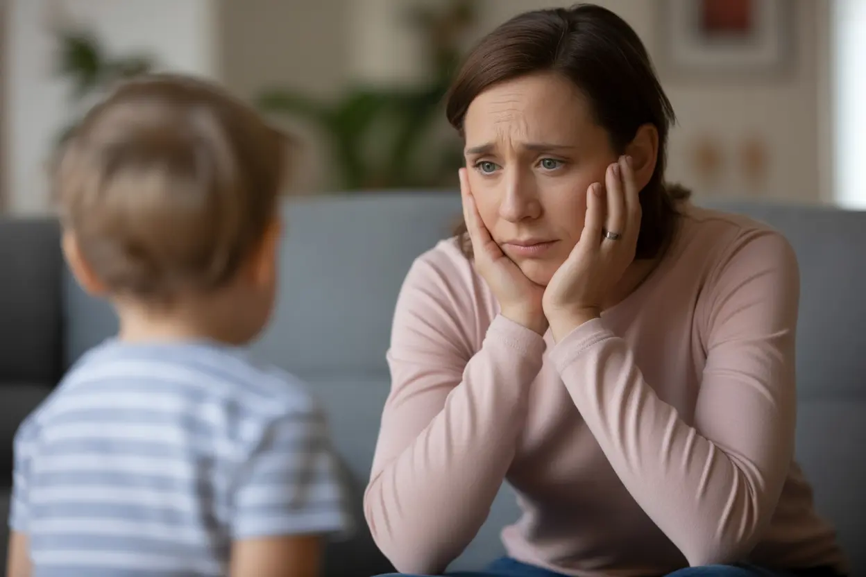 A supportive parent sitting on a couch, showing a compassionate expression while looking toward their child.