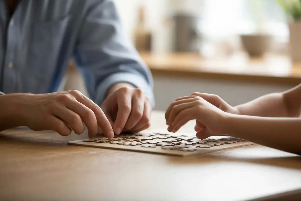 A parent and child's hands working together on a puzzle at a bright kitchen table, symbolizing collaboration and finding solutions.