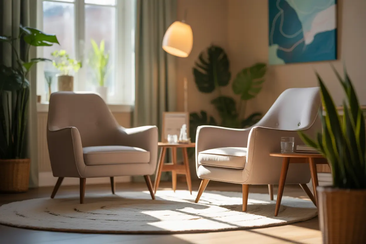 An empty, comfortable chair in a warm therapy office, inviting someone to seek help and support.