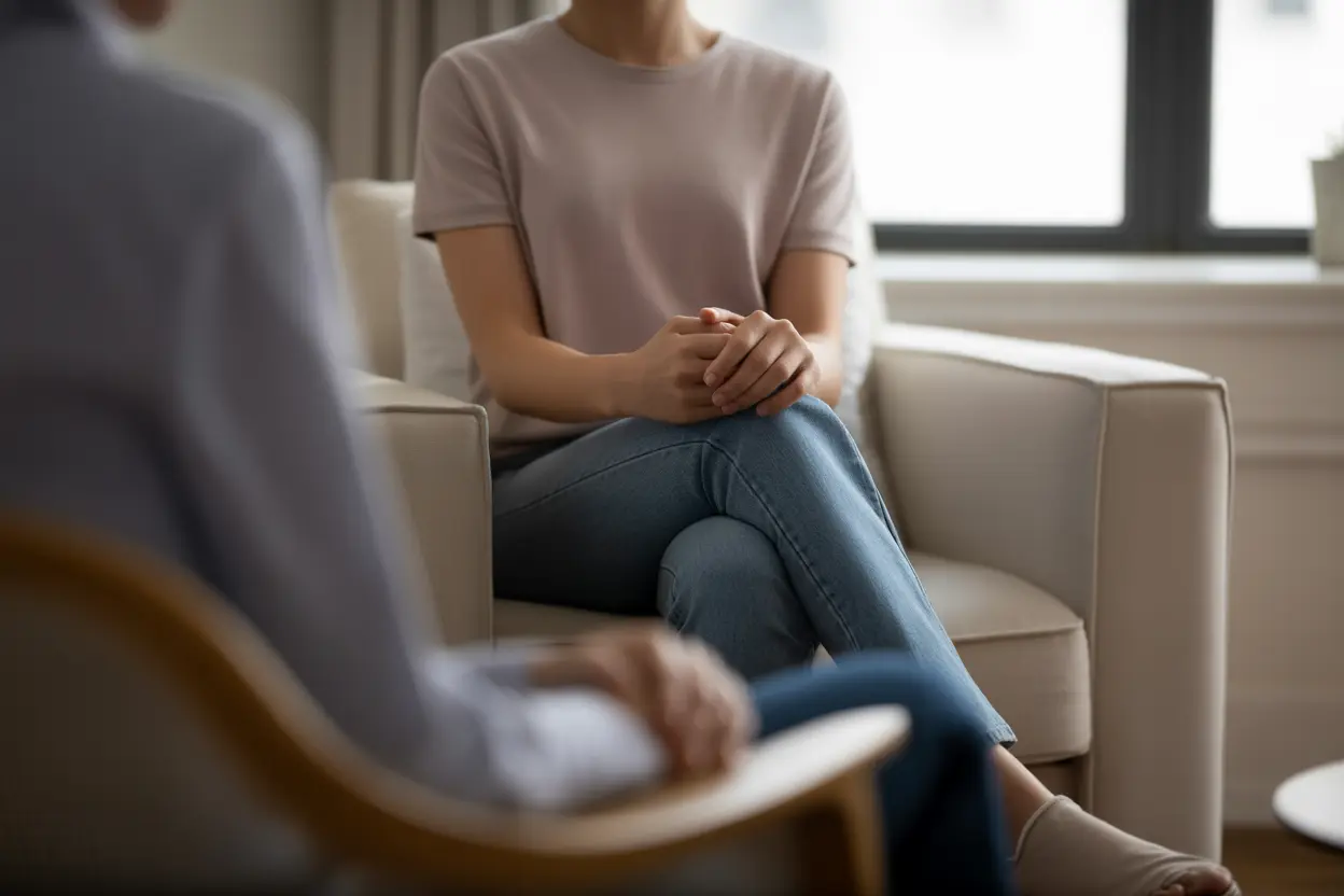 A person sits in a softly lit, modern office during a calm therapy session, symbolizing a safe space for healing.