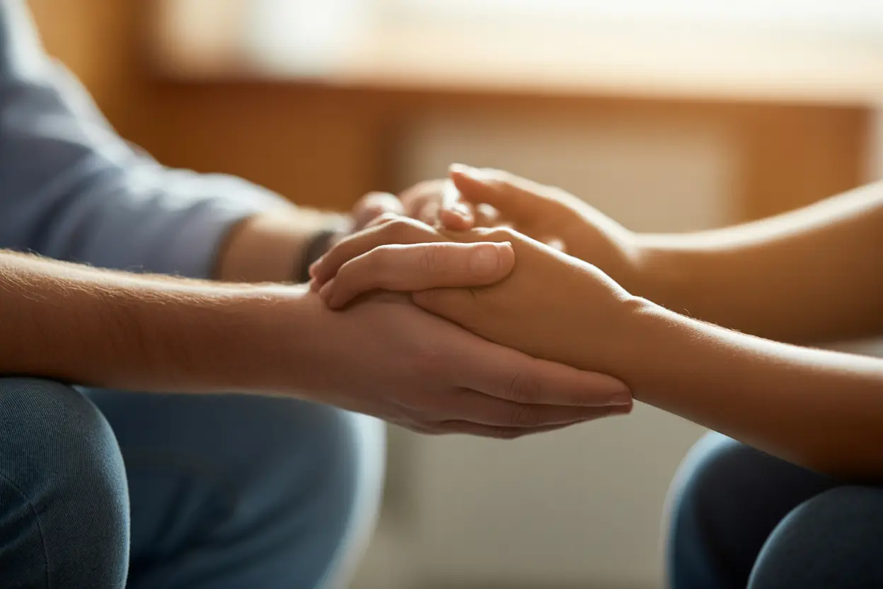 Close-up of one person's hand holding another's in a gesture of support and empathy, symbolizing the start of a healing journey.