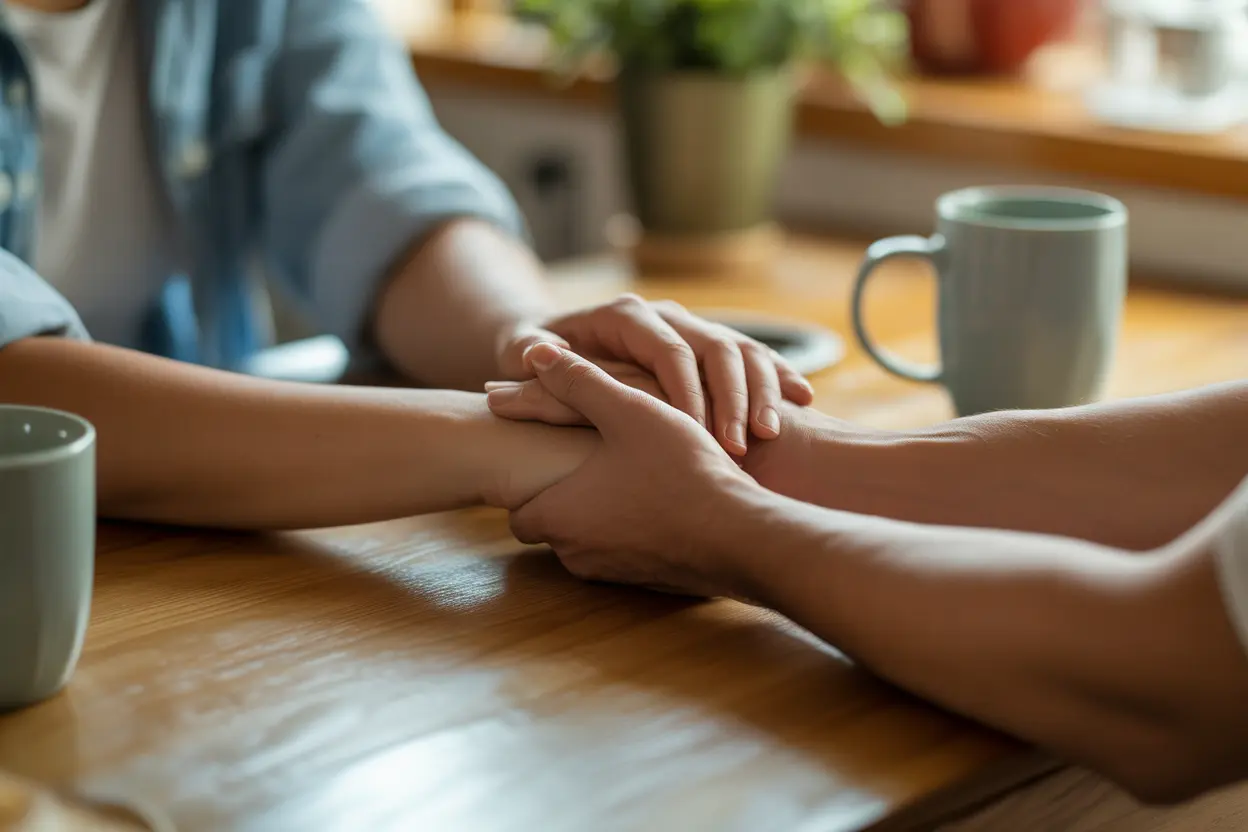 Close-up of one person's hand resting gently on another's forearm in a gesture of support.