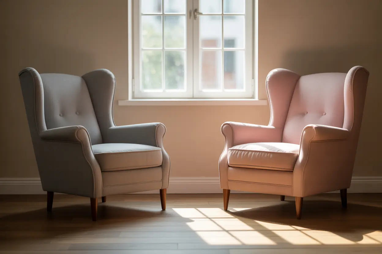 A comfortable and safe therapy office with two armchairs, suggesting a space ready for a conversation.