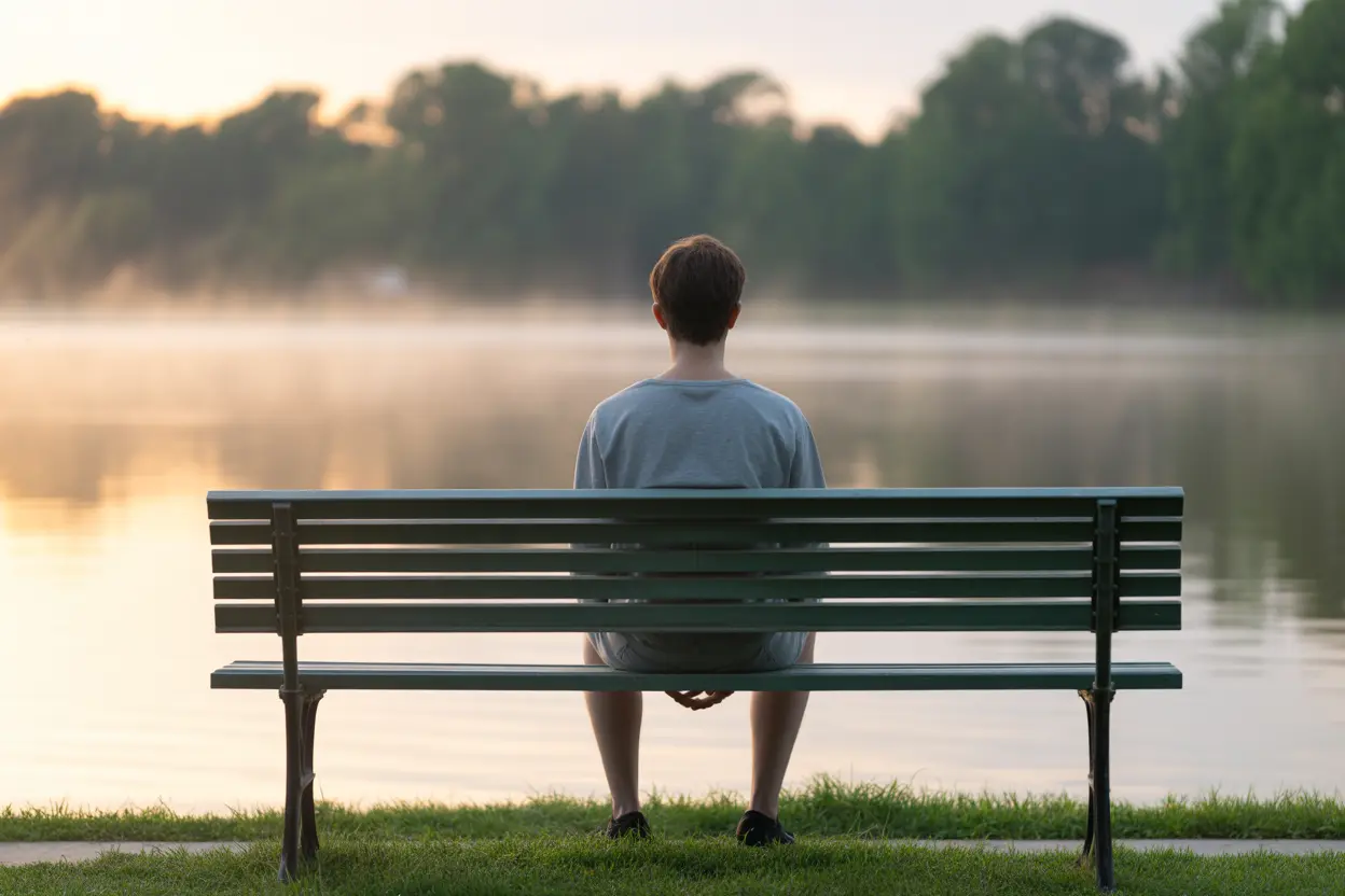 A person sitting on a bench looking out over a peaceful Indiana lake at dawn, conveying a sense of clarity and new beginnings.