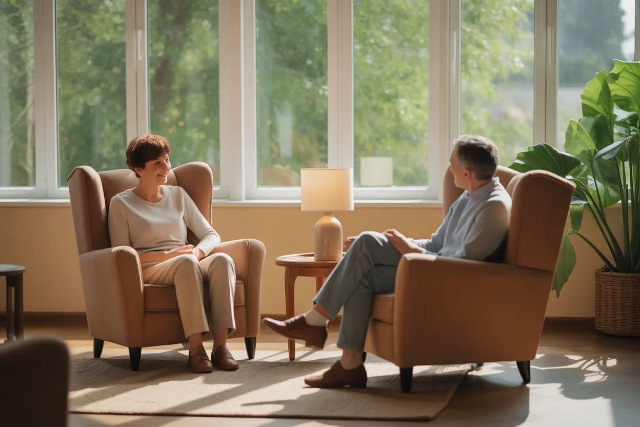 A safe, professional, and non-judgmental therapy session in a sunlit counseling room, representing recovery.