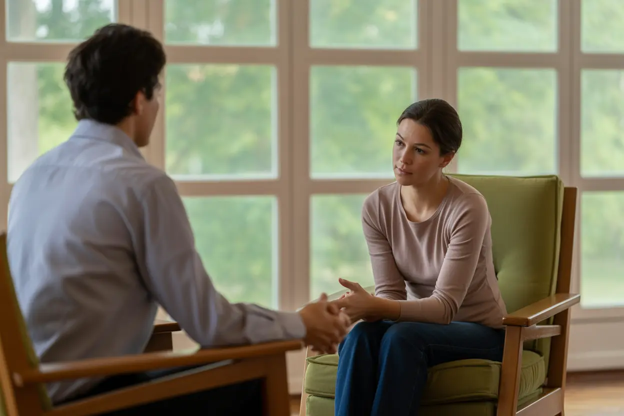 A supportive therapy session in a calm, well-lit office, representing the compassionate care available for addiction treatment.
