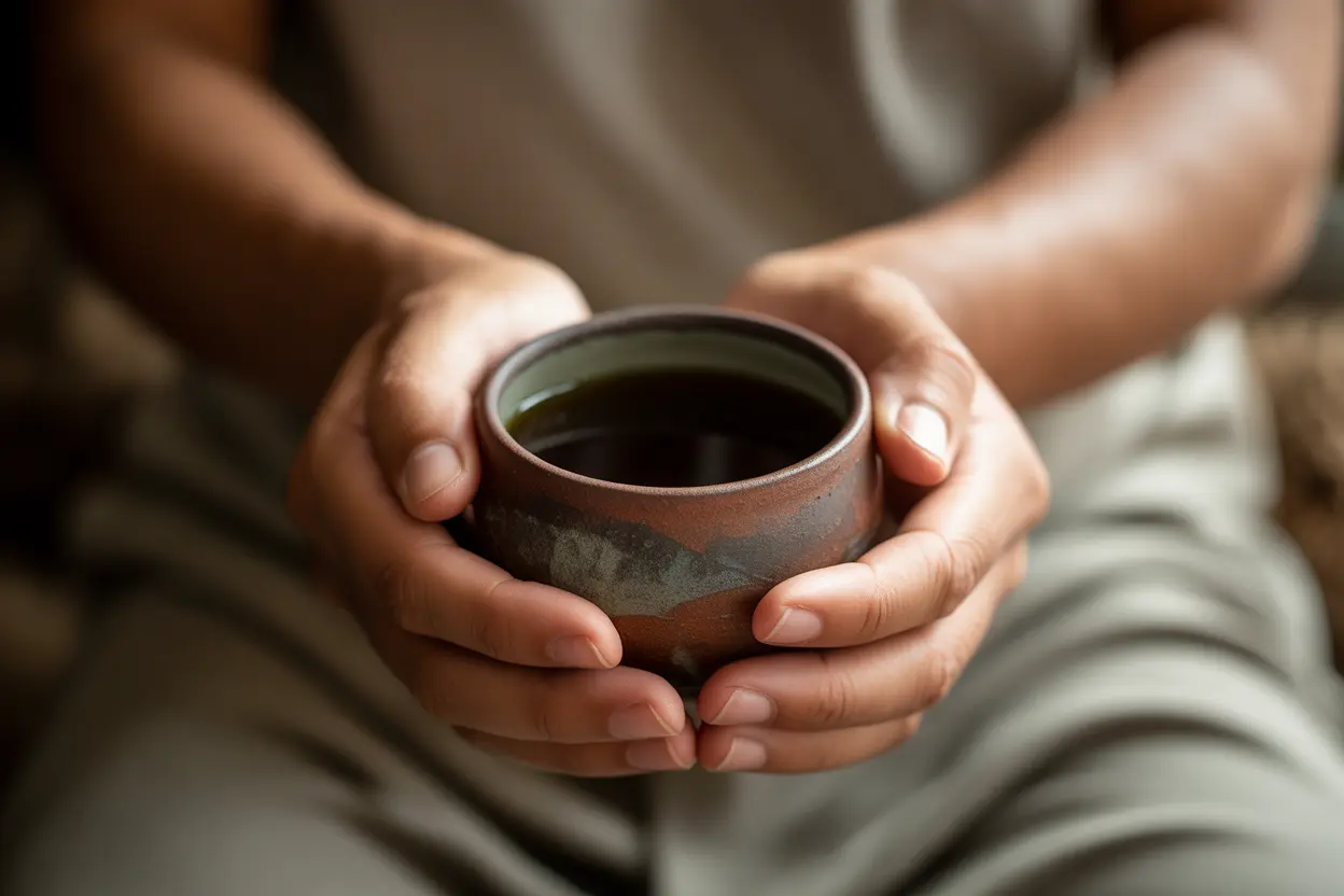 A person's hands holding a rustic ceramic cup with a dark liquid inside, representing a neutral view of substances like ayahuasca.