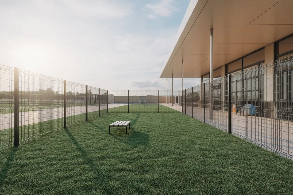 A sunny, fenced-in dog park on the grounds of a rehab facility, offering a safe space for pets.