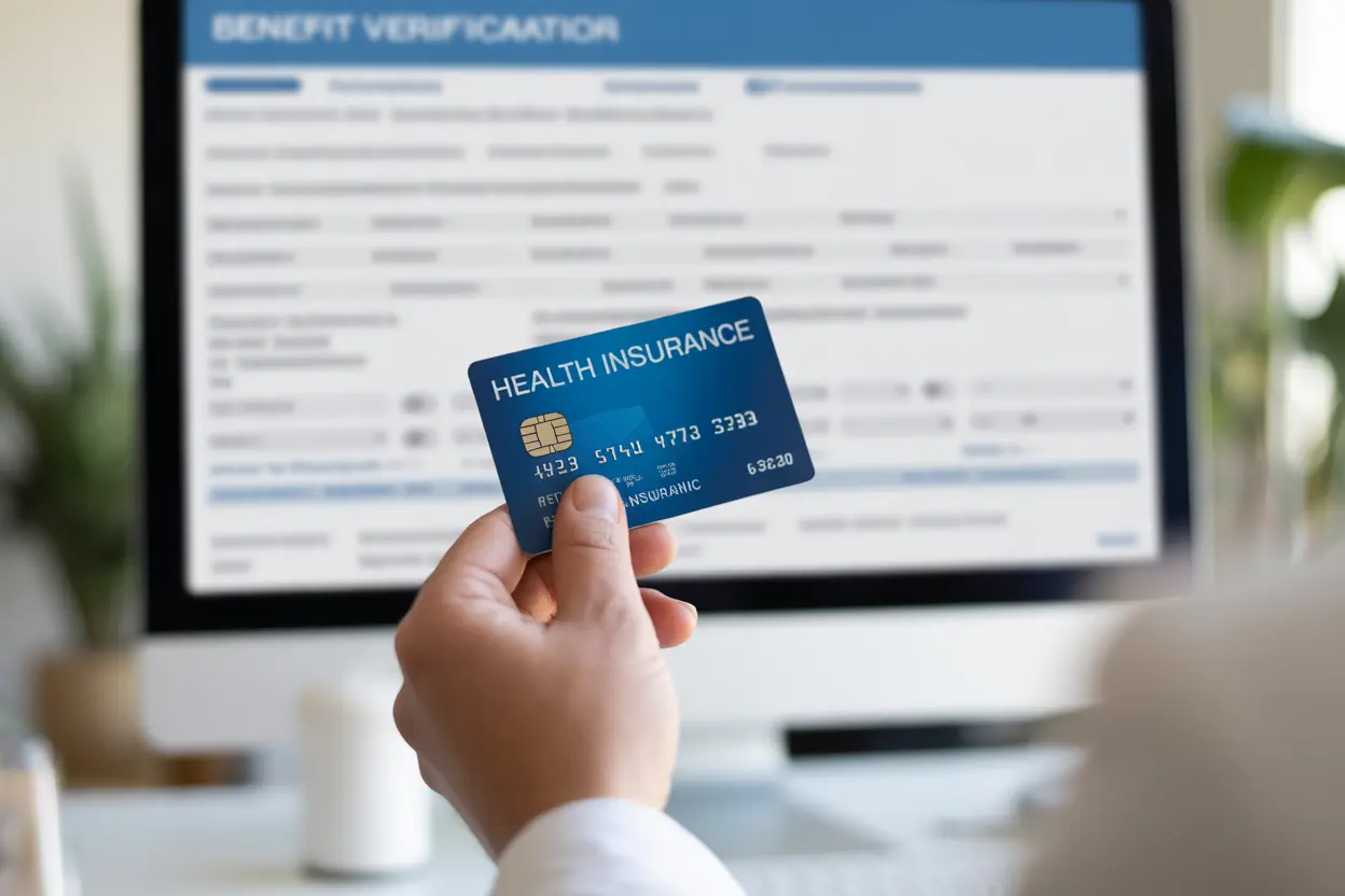 A person holding their health insurance card while looking at a verification form on a computer.