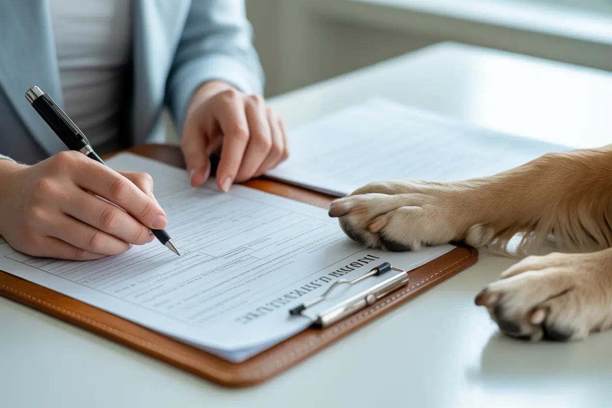 A person filling out admissions paperwork for rehab with their dog's paw resting on the table.