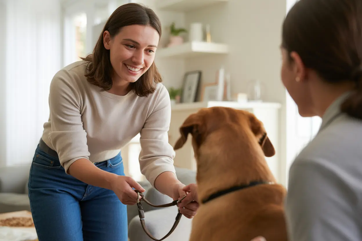 A person smiling as they hand their dog's leash to a trusted friend for safekeeping.