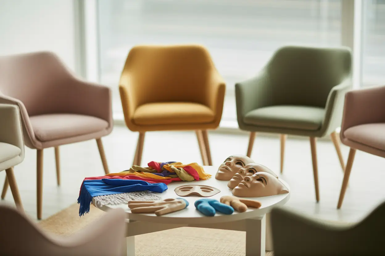 A serene therapy room with chairs, scarves, and puppets, creating a safe space for drama therapy.