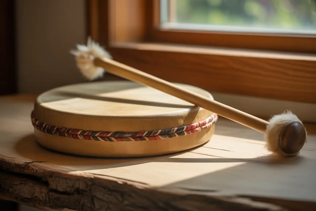 A traditional Native American hand drum and beater, representing the cultural significance of DARTNA therapy.