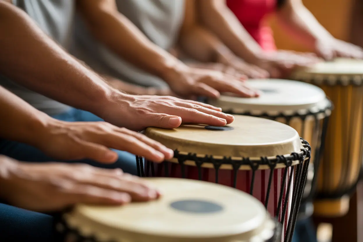 A group of diverse hands resting on hand drums, symbolizing community and shared purpose in drum therapy.