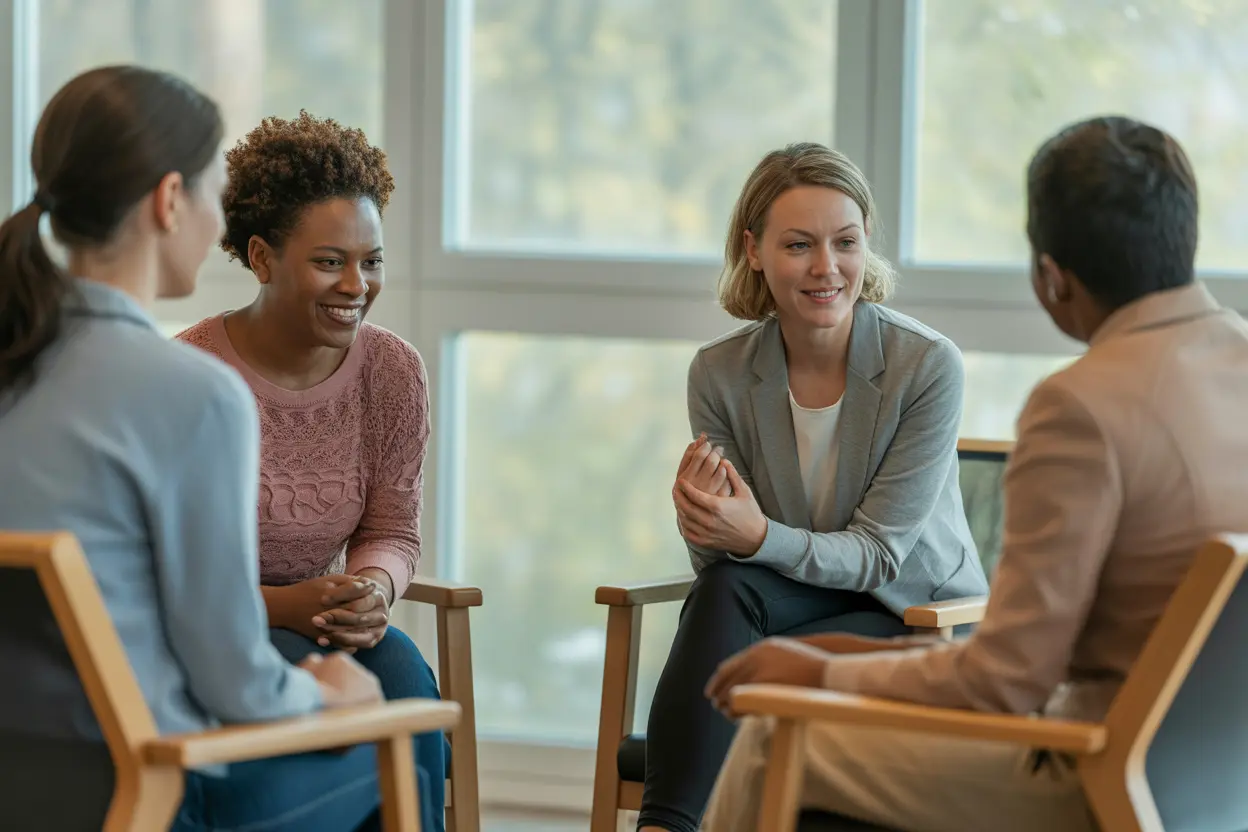 A small group therapy session in a bright, comfortable room, showing a supportive and collaborative atmosphere for healing.