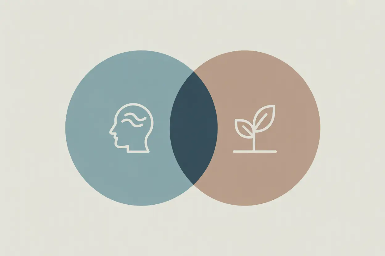 A minimalist graphic showing two overlapping circles, one representing mental wellness and the other representing recovery, illustrating the concept of dual diagnosis.