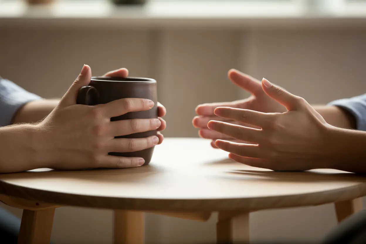 Two people's hands on a wooden table, one holding a mug, conveying a sense of support and conversation.