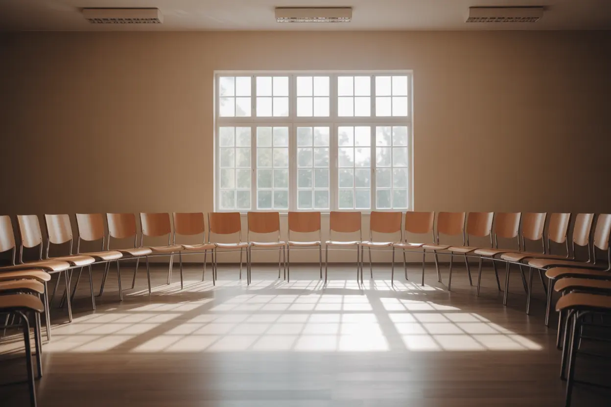 An empty, inviting room with chairs in a circle, prepared for a support group meeting.