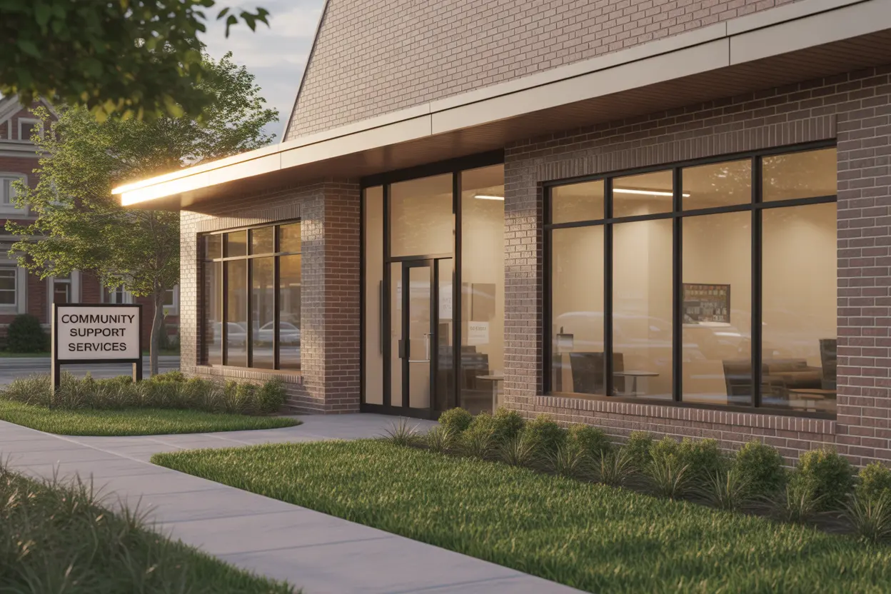 Exterior of a welcoming community support center in Indiana.