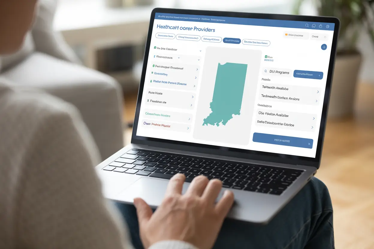 A person searching for DUI programs in Indiana on a laptop.